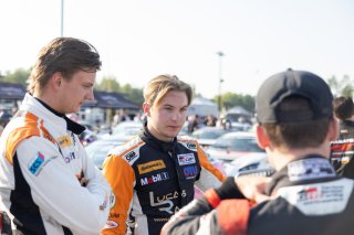 Tyler Gonzalez (left), driver of the #57 Copeland Motorsports Toyota GR86 Cup Car, and Lucas Weisenberg, driver of the #46 Lucas Racing Toyota GR86 Cup Car, during Race 10 at Road America on August 20, 2023. -Photo by Zack Cramer
 | TGRNA               
