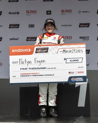 The    in Sonoma, California on Saturday, March 29, 2025.

Podium, Round 1 - R1 
80, Paityn Feyen, Snaptron, Shift Up now, Redline Trucking, Nitro Motorsports, Toyota GR86

Photo by
— Zachary Cramer/ TGR | SRO Motorsports Group