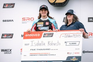 The Toyota GR Cup  Round 14 - R2 in Indianapolis, Indiana on Sunday, Oct. 19, 2025.

Win, Celebration, Podium, Victory Lane, Round 14 - R2 
Isabella Robusto, 111, RVA Graphics Motorsports by Speed Syndicate, Woodfin, Vortex Metals, RVA Graphics and Wraps, | Copyright Lucas Carter/Toyota Racing Development